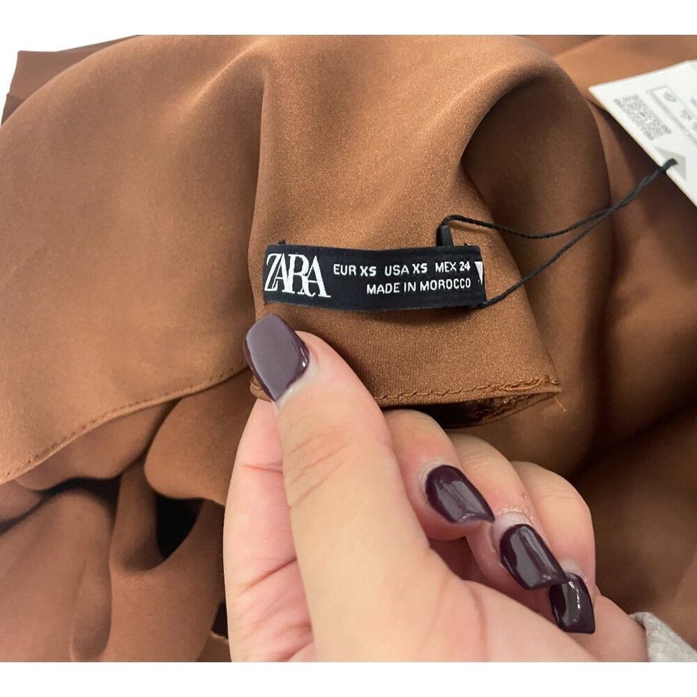 Zara Women Dress XS Maxi Brown Bow Satin Effect Sleevleess 8999/331 NWT - Picture 7 of 15